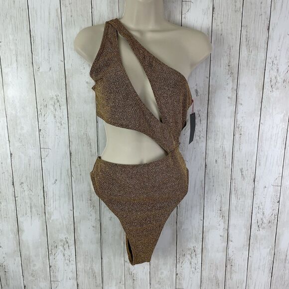South Beach Asymmetrical Cut Out 1 Piece Swimsuit US 12 Metallic Gold NWT - Picture 1 of 9
